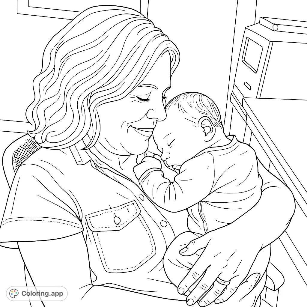 A heartwarming mother and baby coloring page, capturing a tender moment of a woman cradling her sleeping newborn. Perfect for celebrating love and family.