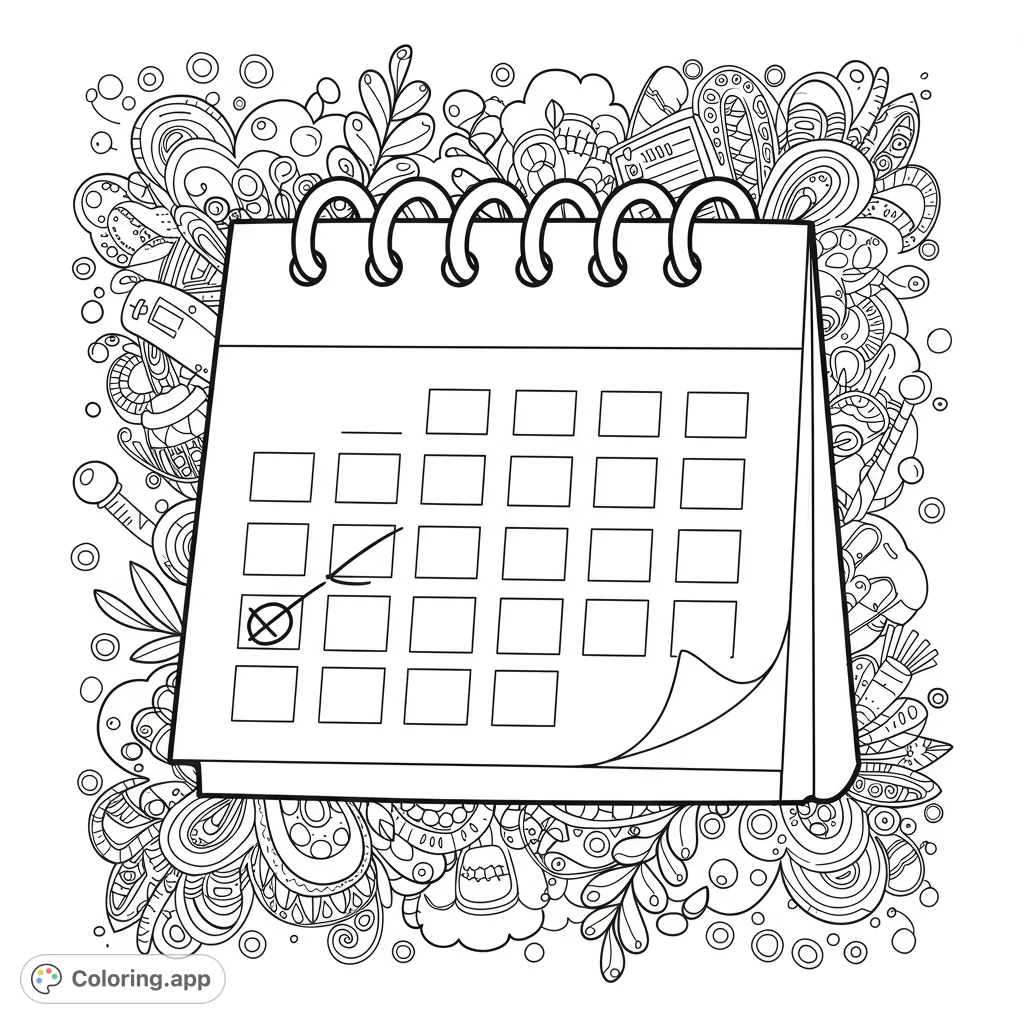 A detailed desk calendar coloring page featuring a marked date, surrounded by an intricate, abstract doodle background. Perfect for all ages.