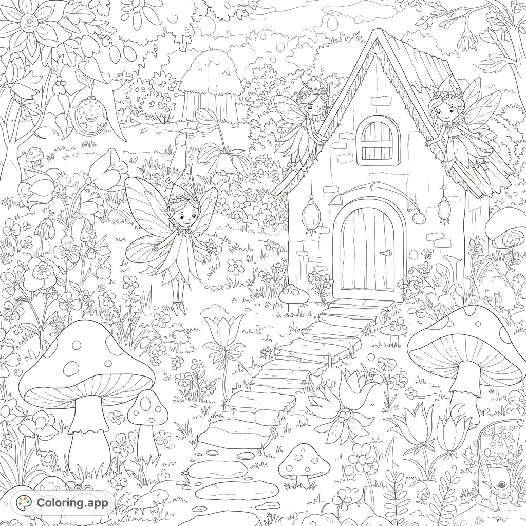 Enter a magical fairy garden with a charming house, playful fairies, and abundant flowers. A delightful free printable fairy coloring page for all ages.
