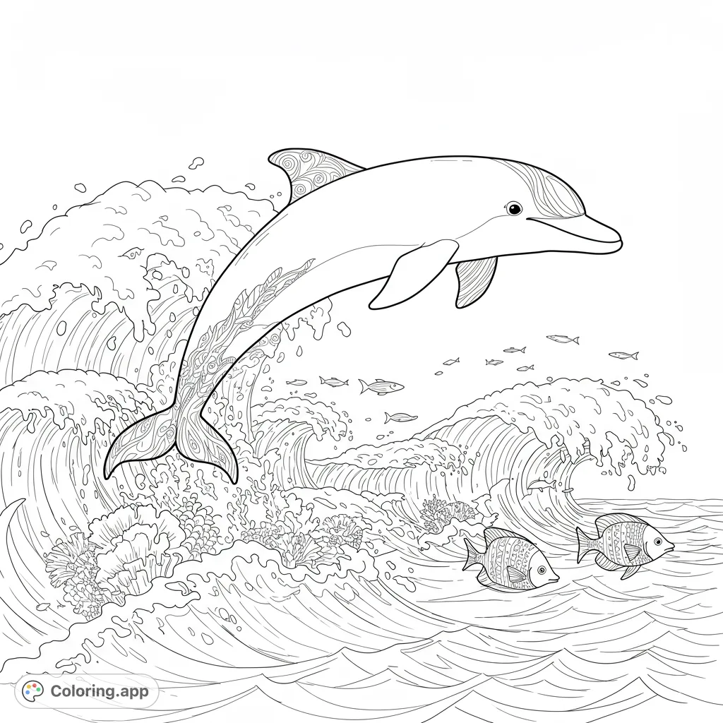 A majestic dolphin leaps from dynamic ocean waves, surrounded by intricate coral and playful fish. A captivating marine life coloring page.