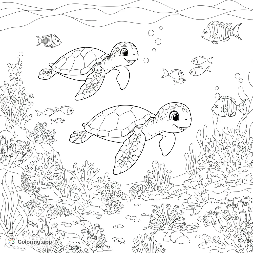 Two cheerful sea turtles swim through a vibrant coral reef, surrounded by playful fish and intricate underwater plants. A delightful ocean adventure awaits your colors!