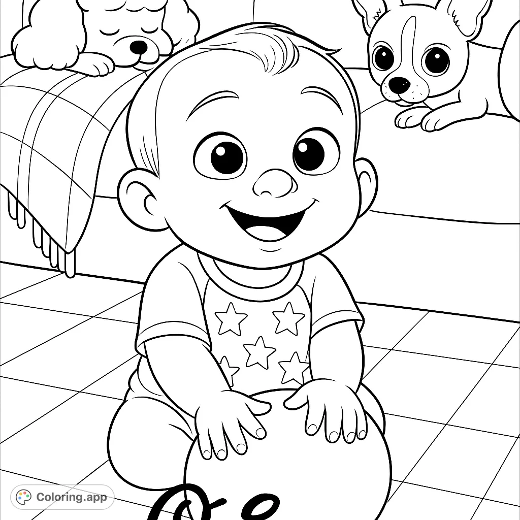 A heartwarming baby and pets coloring page featuring a happy baby playing with a ball, surrounded by two adorable dogs. Perfect for kids and adults!