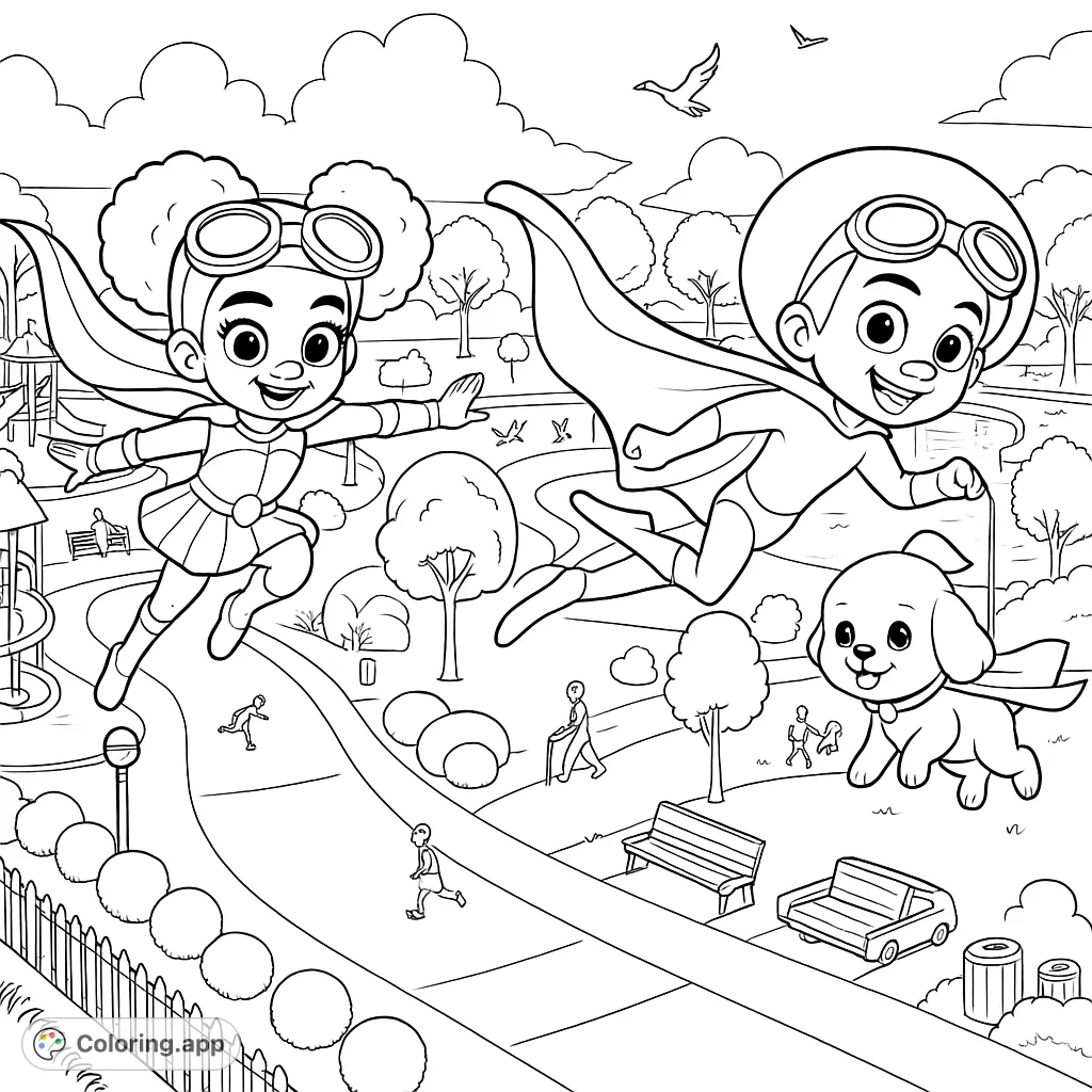 Dynamic superhero kids and their dog fly over a vibrant park scene, ready for adventure. A fun, free printable superhero coloring page for all ages!