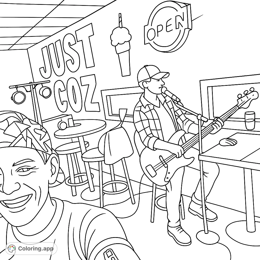 Lively cafe scene with a musician playing bass and a person taking a selfie. Features detailed instruments, cafe furniture, and a dynamic atmosphere.
