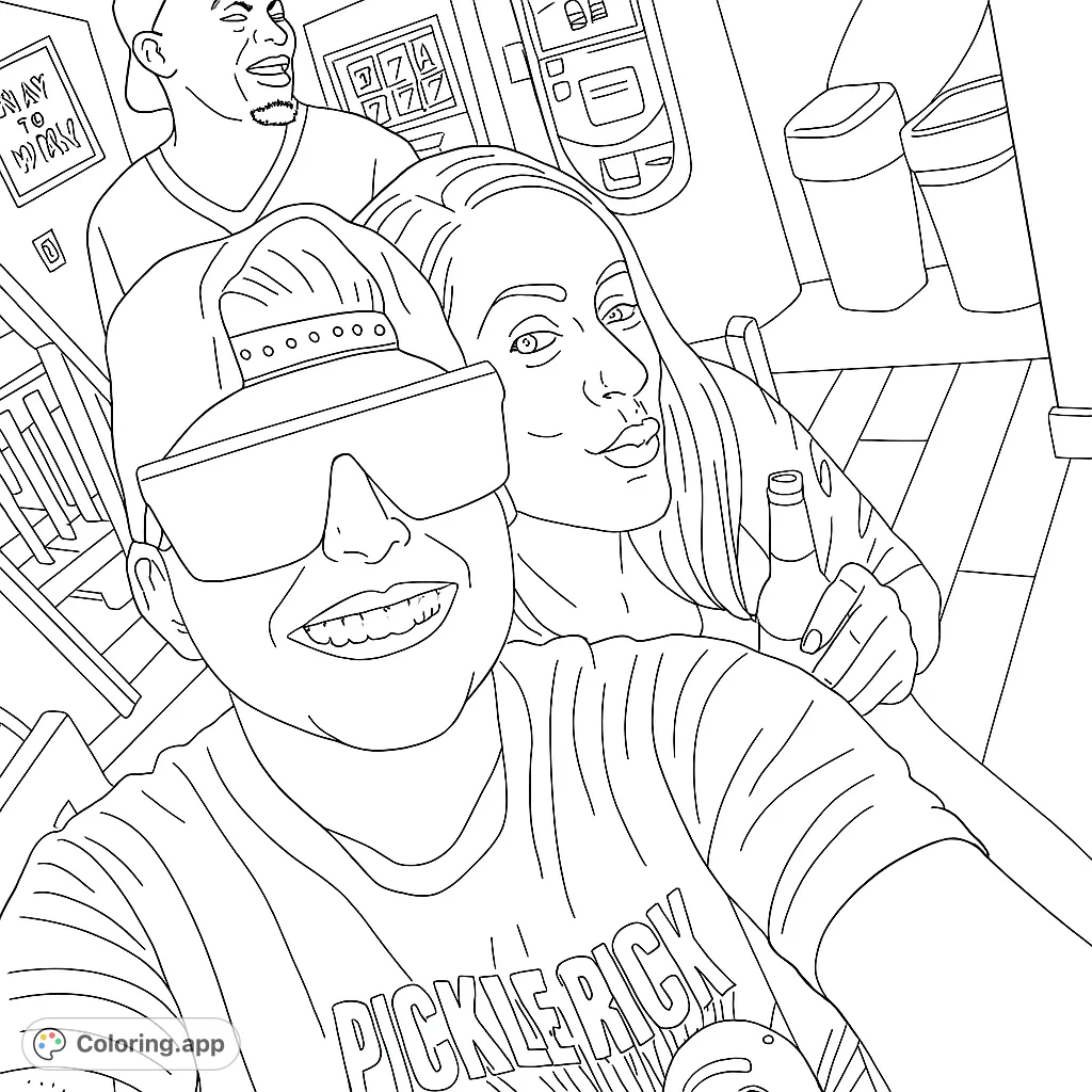 Capture the excitement of a casino selfie! This free printable coloring page features friends, slot machines, and fun, perfect for adults and teens.
