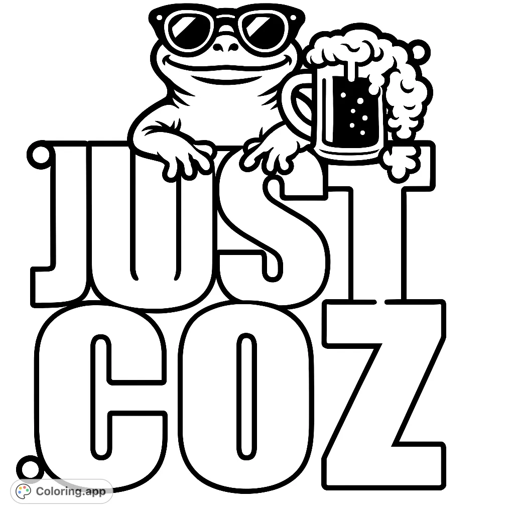 A cool, smiling frog in sunglasses holds a frothy beer mug, ready for a fun coloring session. Perfect for a relaxing break.