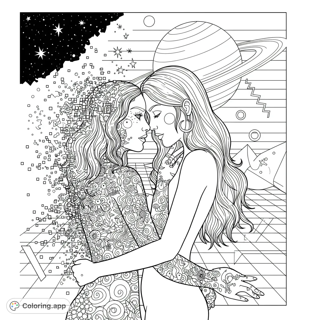 A cosmic connection coloring page featuring two women embracing, one dissolving into stars and geometric patterns, set against a celestial backdrop.