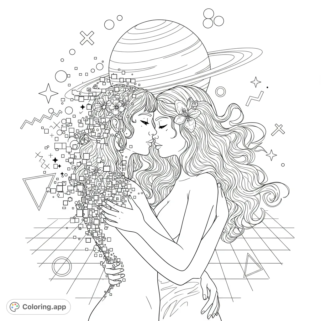 Two women embrace amidst a cosmic backdrop of planets and geometric shapes, one dissolving into digital pixels. A unique love-themed coloring page.