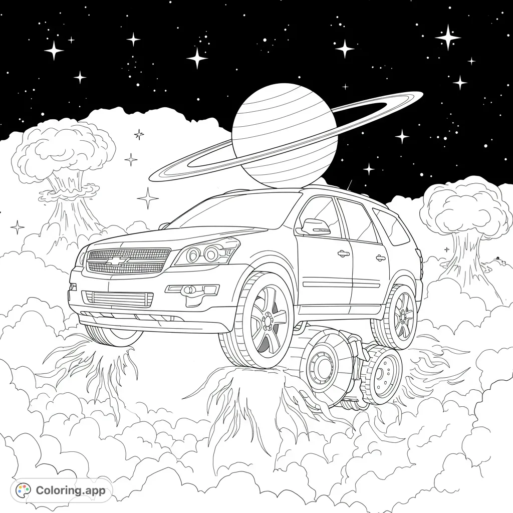 A futuristic SUV floats through a starry cosmic sky with a ringed planet and whimsical cloud formations. A unique space vehicle coloring page.