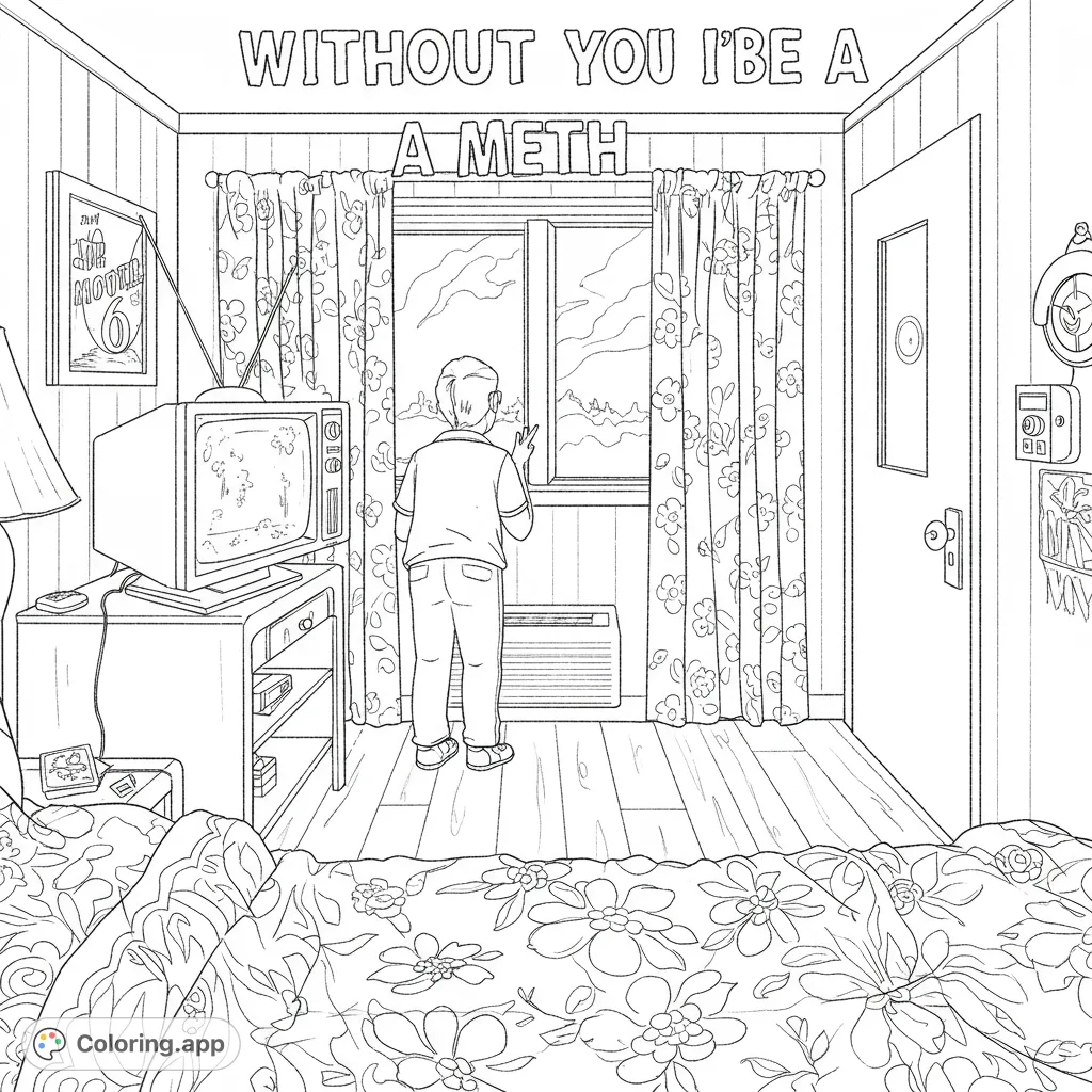 A detailed room interior coloring page featuring a person looking out a window at a scenic landscape, with a cozy bed and vintage TV.