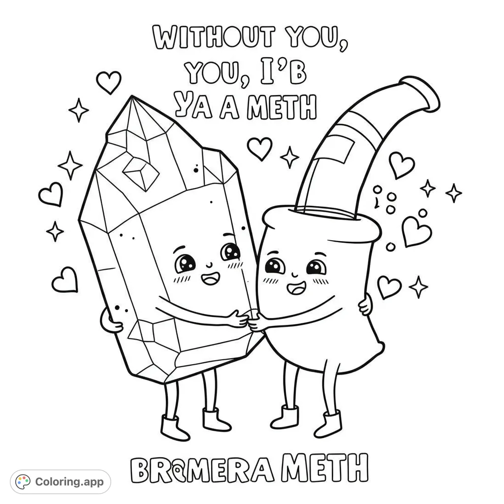 An adorable chemistry-themed coloring page featuring a cute crystal and beaker character embracing, surrounded by floating hearts and stars.