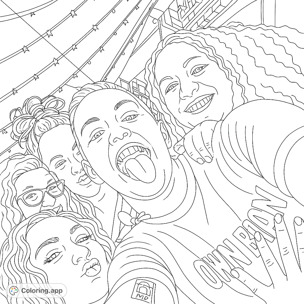 A lively group selfie coloring page featuring five friends, perfect for capturing fun memories and creative expression.