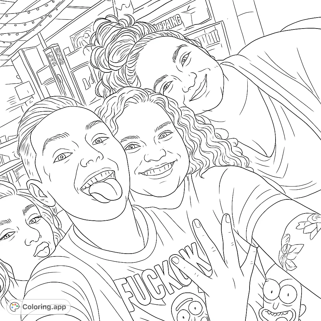 Capture a fun group selfie moment with four friends, featuring expressive faces, a peace sign, and an urban background. Perfect for creative coloring!