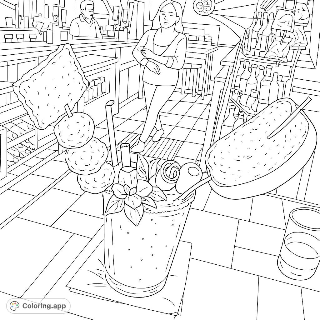 A detailed bar scene coloring page featuring an oversized, elaborately garnished cocktail in the foreground, with a bartender and patron in the background.