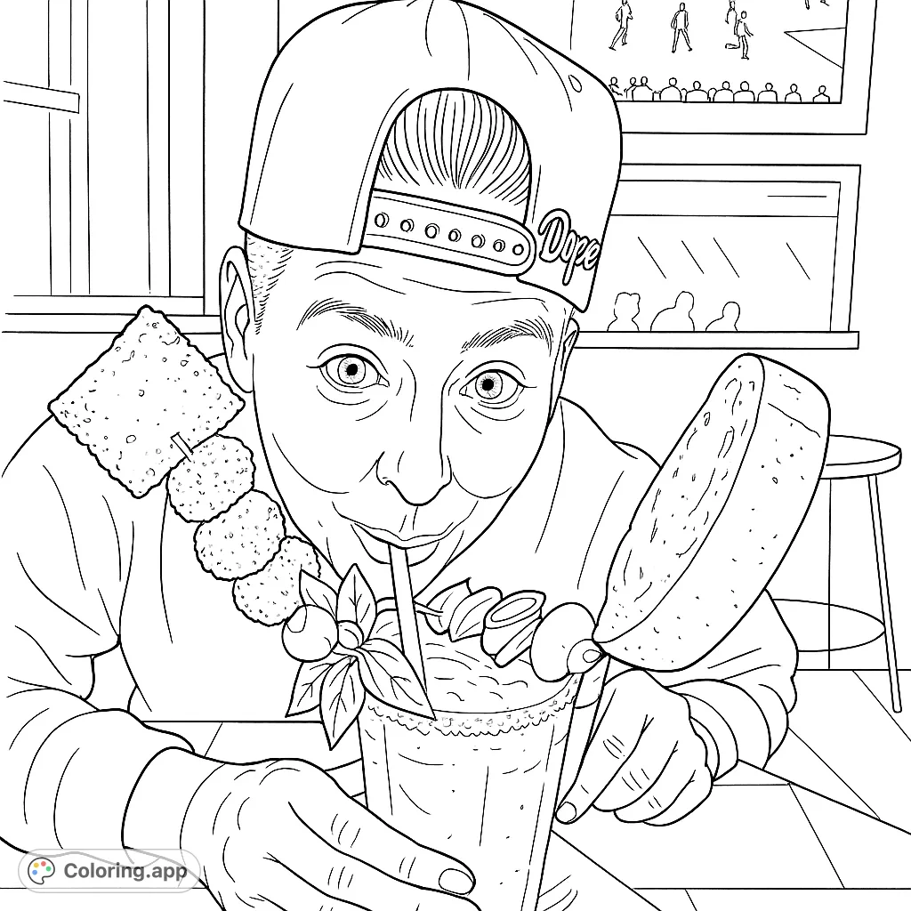 A fun foodie coloring page featuring a person enjoying a giant, elaborately garnished cocktail, perfect for a unique coloring experience.