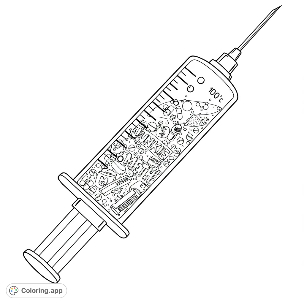 An intricate syringe coloring page filled with detailed objects and text, offering a complex challenge for adult colorists. A unique free printable coloring page.