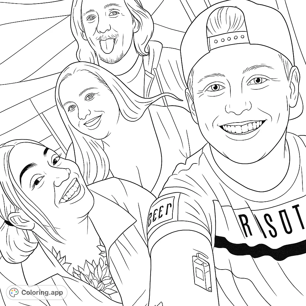A lively group of friends captured in a joyful moment, perfect for a fun and engaging coloring experience. Celebrate friendship!