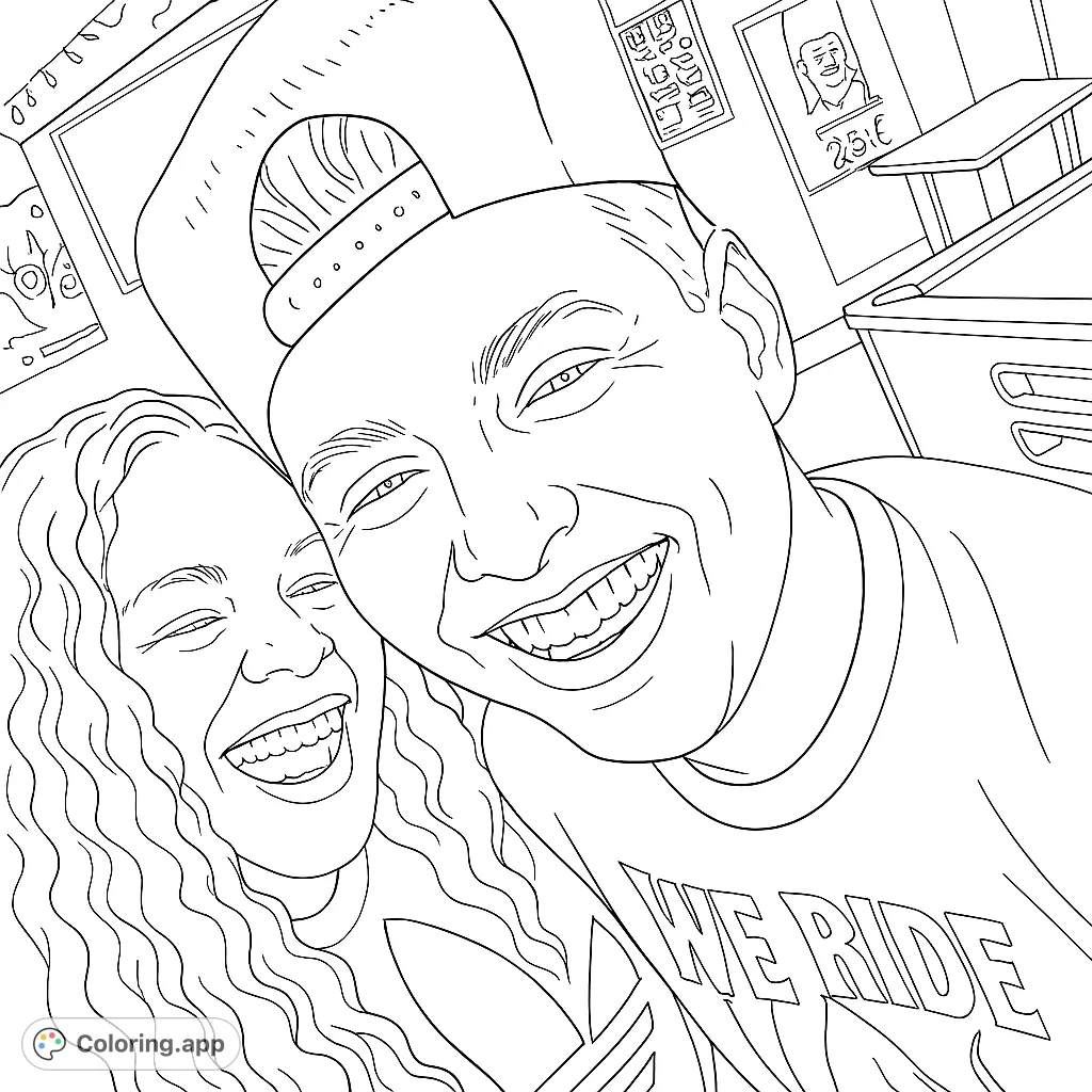 Capture the infectious joy of two friends laughing in this vibrant line art. A perfect free printable coloring page for kids and adults to bring to life with color.