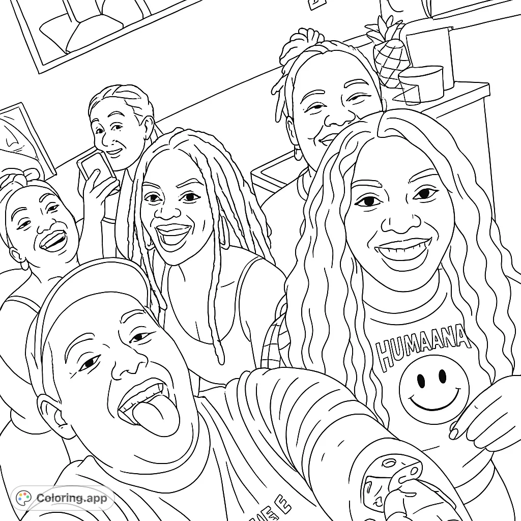 A vibrant group of friends captures a joyful selfie, perfect for celebrating friendship and happy moments. A fun, free printable friendship coloring page.