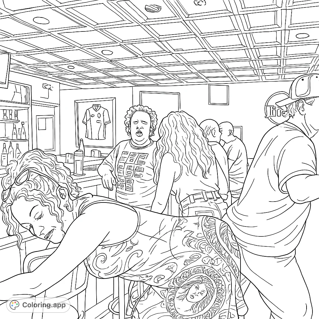 A detailed bar scene coloring page featuring patrons, a woman resting on the counter, and a lively atmosphere. Free printable coloring page for adults.