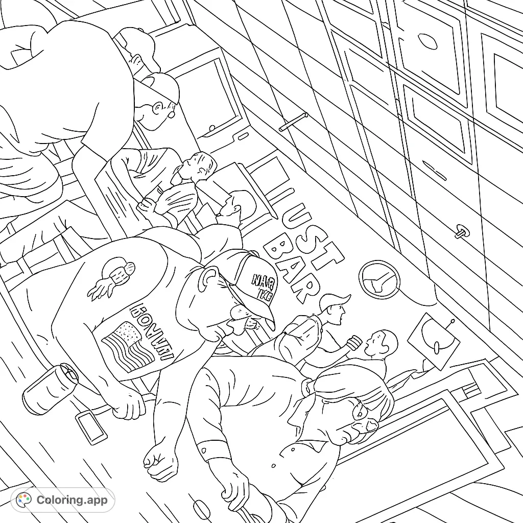 Immerse yourself in a dynamic bar scene coloring page, featuring diverse patrons and intricate details. A free printable coloring page for adults and teens.