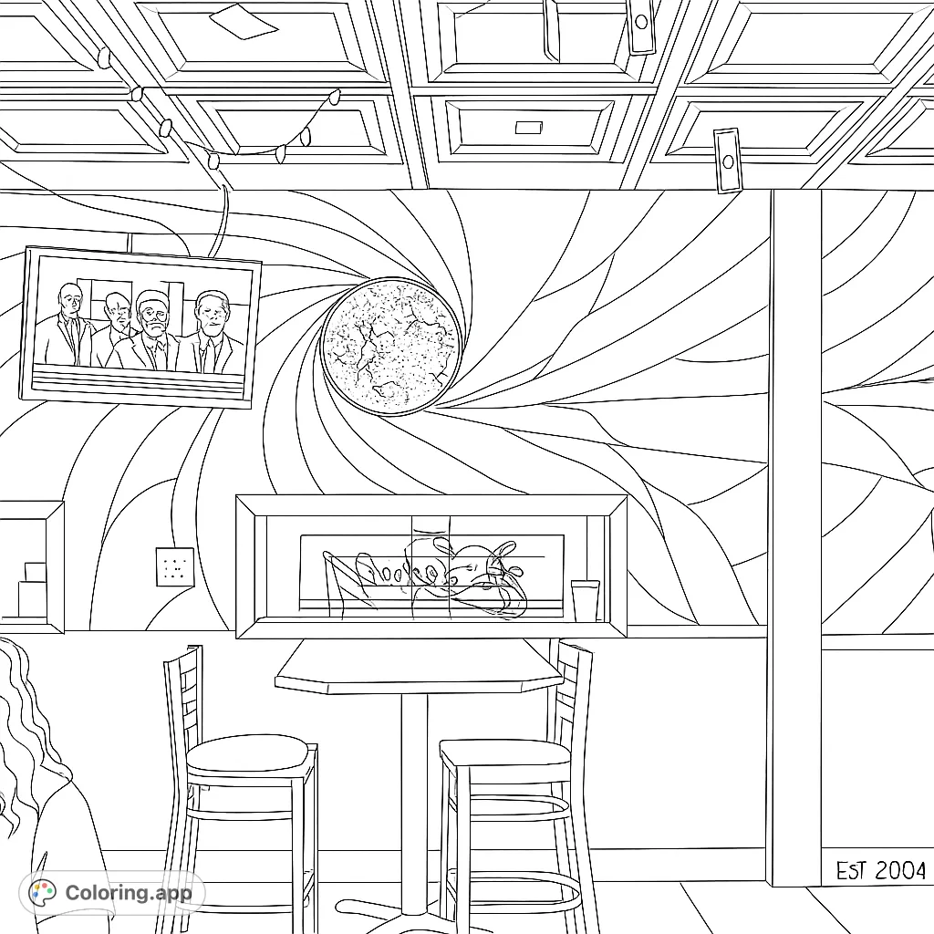 Explore a modern lounge interior with a bar table, TV, and a unique swirling wall design. A free printable coloring page for all ages.