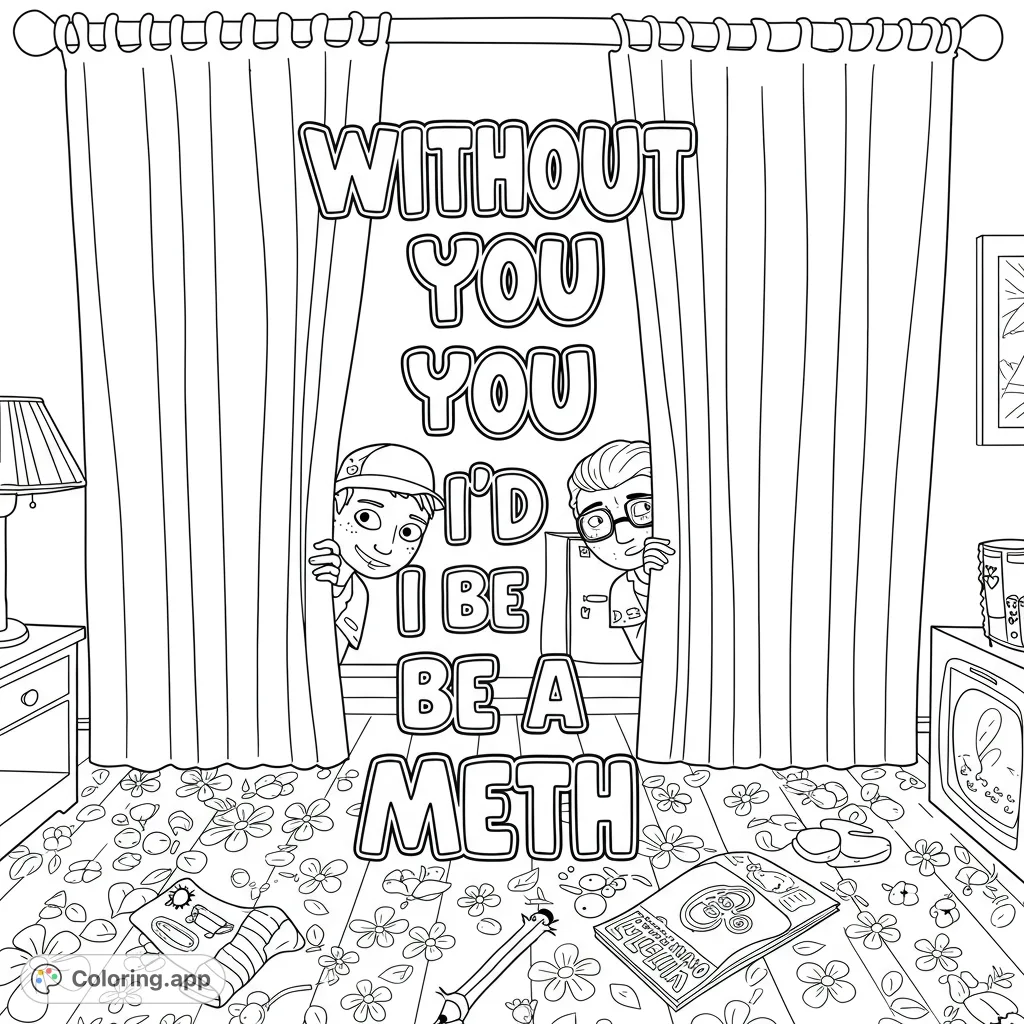 Two playful characters peek from behind curtains in a detailed room, featuring a floral floor and scattered items, ready for vibrant coloring.