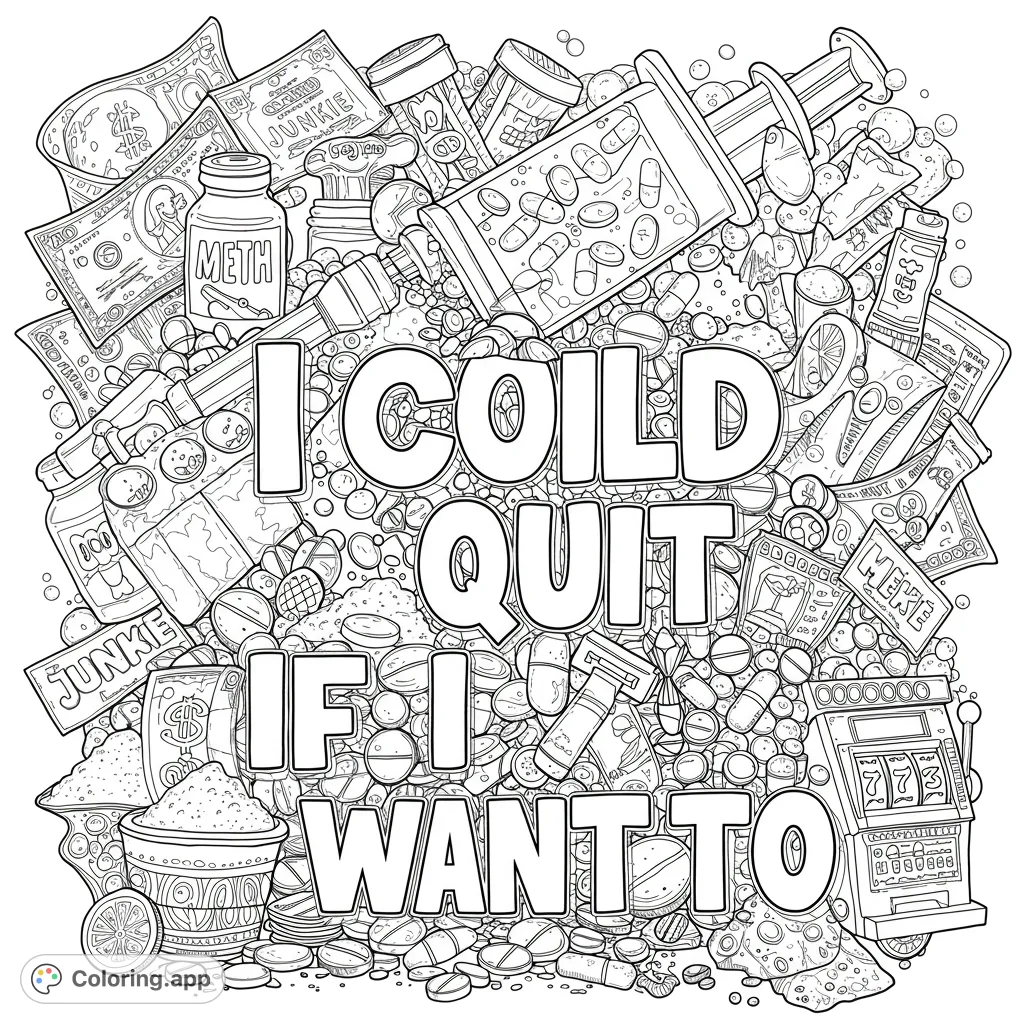 A highly detailed black and white line drawing featuring a dense pile of pills, money, syringes, and bold text 'I COULD QUIT IF I WANT TO'.