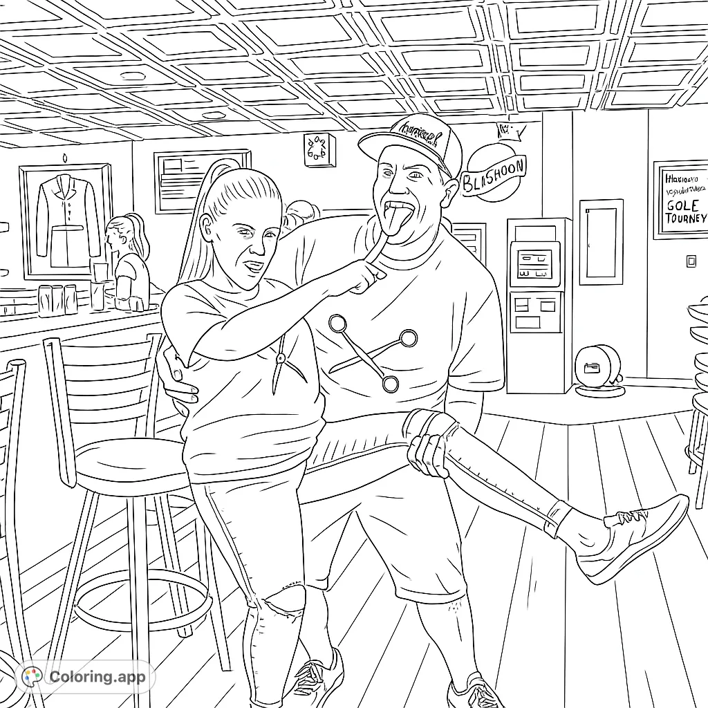 A lively bar scene featuring two friends in a playful pose, perfect for a fun social gathering coloring page. Free printable coloring page for adults.