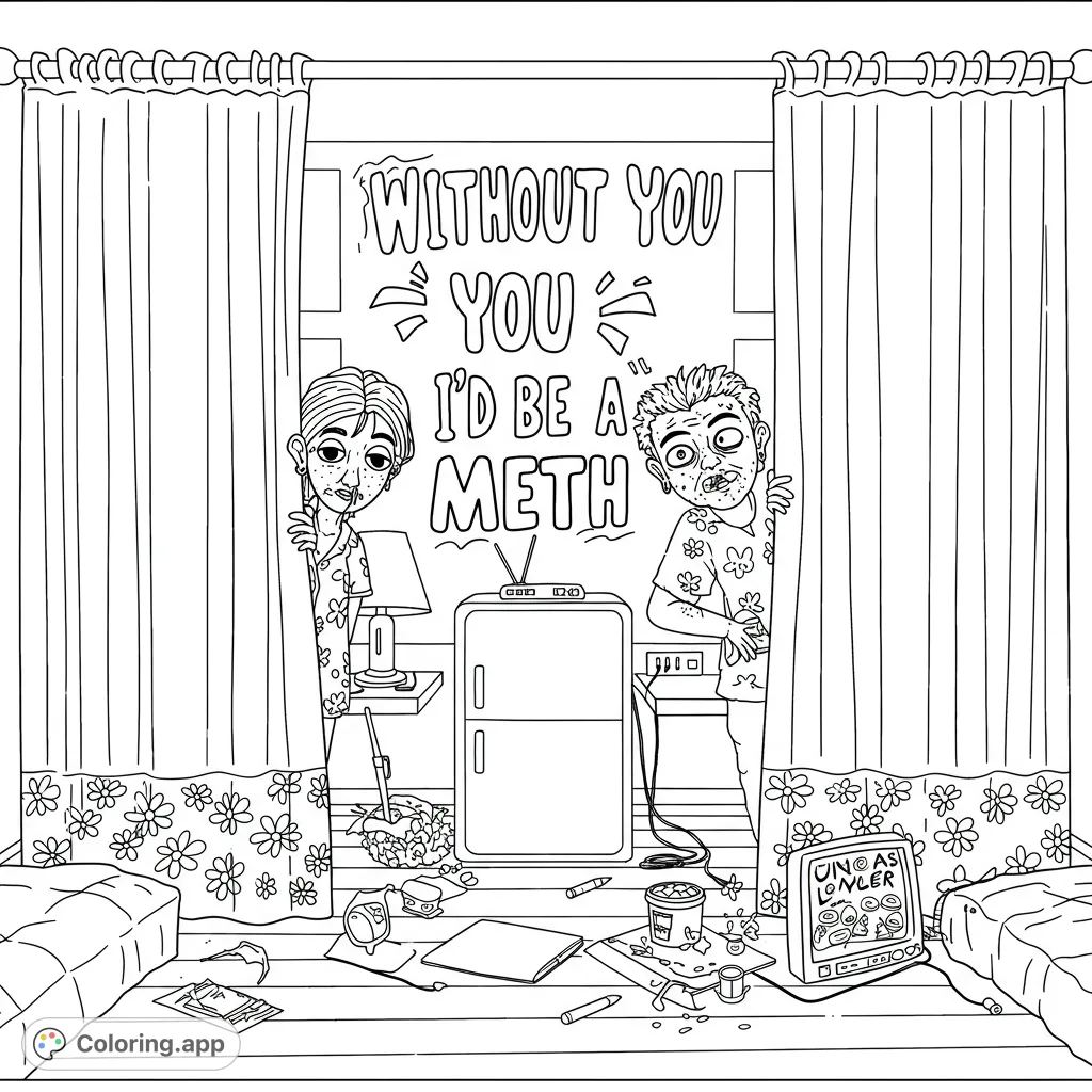 A quirky couple peeks from curtains in a messy room with a fridge, TV, and a humorous, bold statement. A unique free printable coloring page for adults.