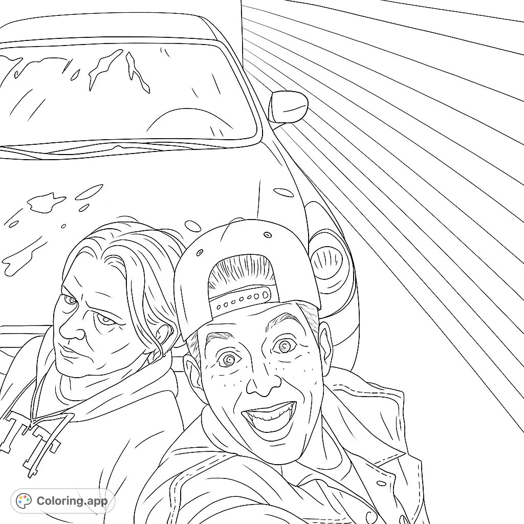 A fun road trip coloring page featuring two friends, one taking a selfie, with a car in the background. A free printable coloring page for all ages!