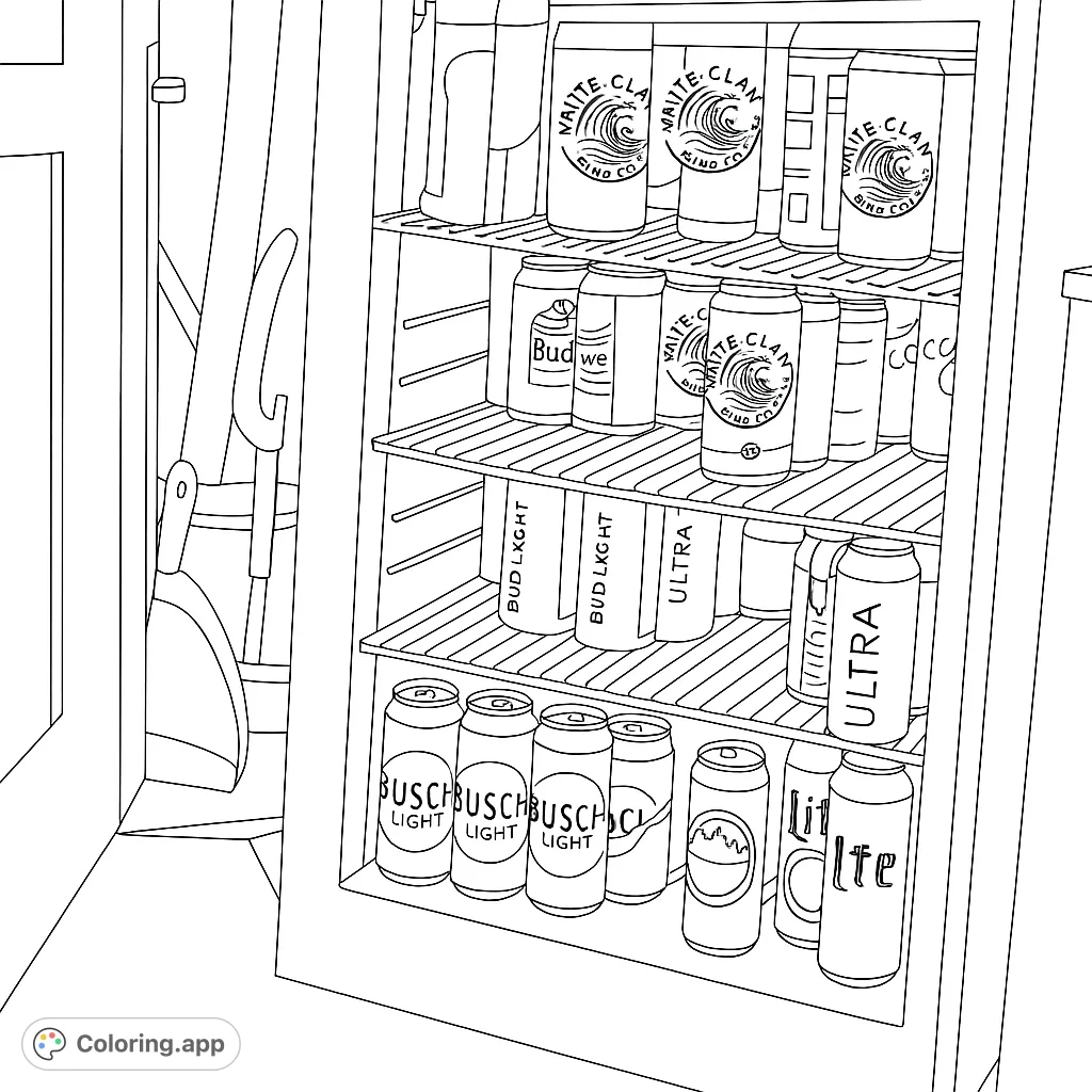 Explore a detailed refrigerator interior coloring page, featuring shelves packed with various beverage cans and bottles, perfect for a fun, everyday scene.