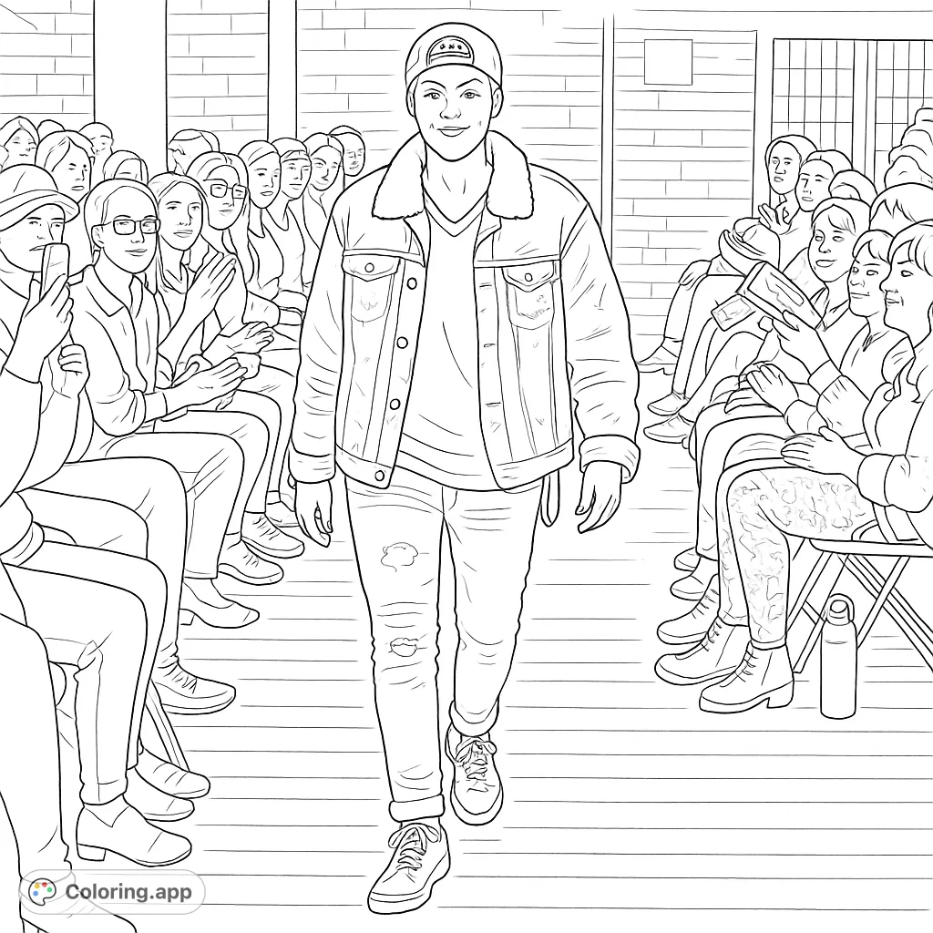 Step onto the runway with this modern fashion show coloring page. A stylish model walks past an engaged audience, perfect for fashion enthusiasts.