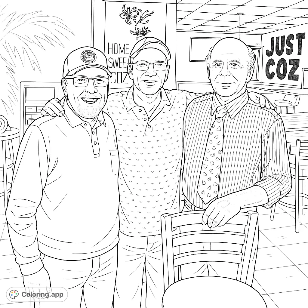 A heartwarming free printable coloring page featuring three smiling men in a casual setting, perfect for adults and kids. A friendly gathering scene.