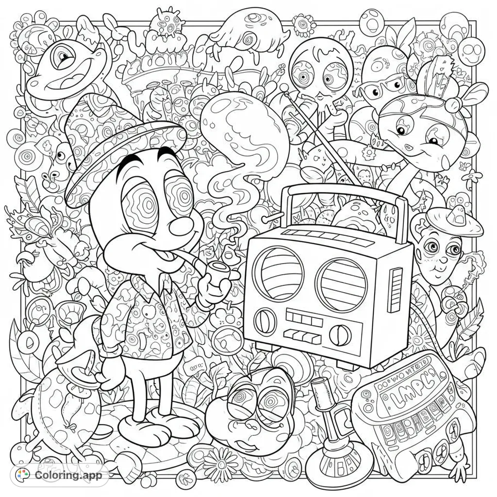 A whimsical character with swirly eyes and a pipe, surrounded by a psychedelic doodle party with a boombox and quirky creatures. Free printable coloring page.