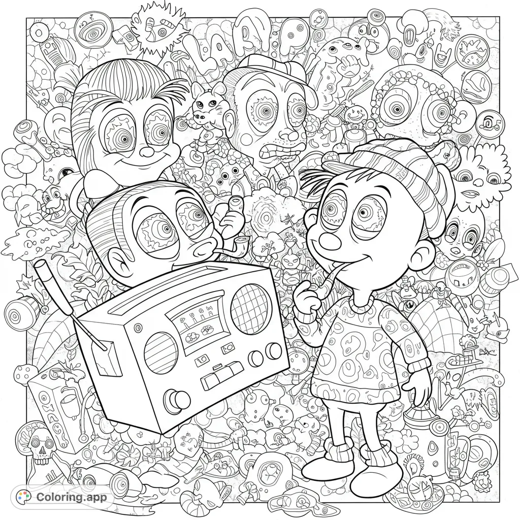 A whimsical doodle art coloring page featuring quirky characters with swirly eyes and an old radio, set against a chaotic, intricate background.