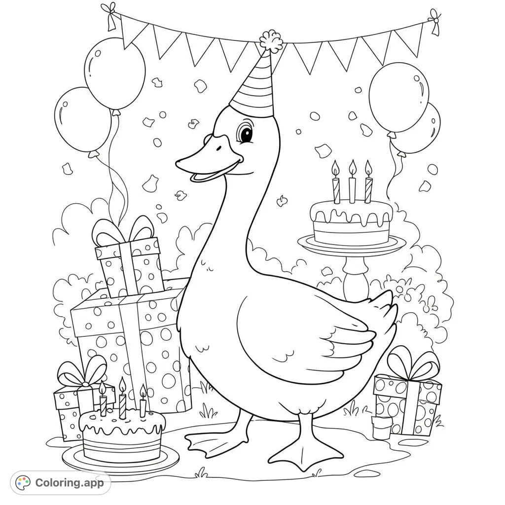 A delightful birthday party coloring page featuring a happy duck in a party hat surrounded by gifts, cakes, and balloons. Perfect for a free printable coloring page!