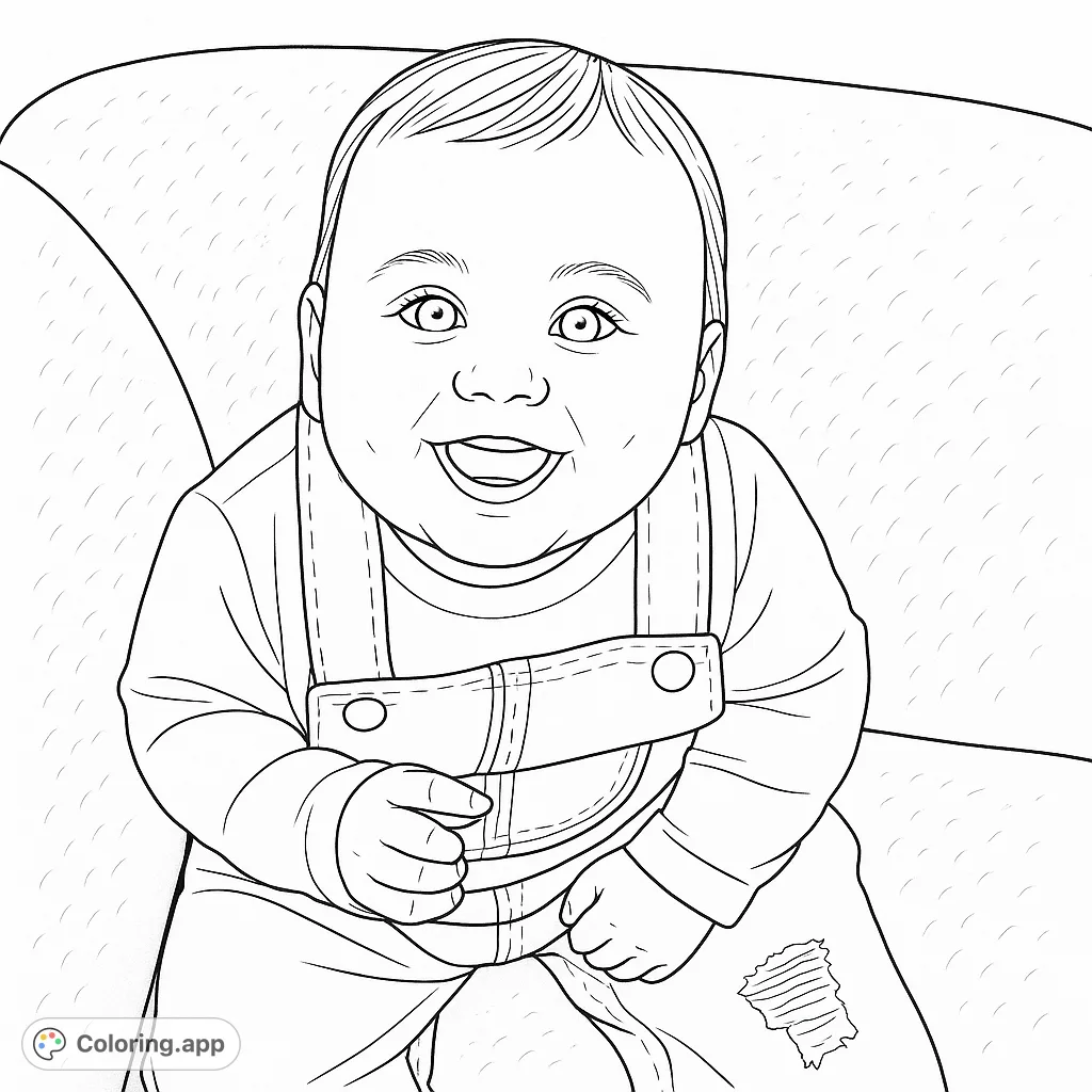 A delightful baby in overalls, smiling brightly, ready for vibrant colors. A charming free printable baby coloring page for all ages.