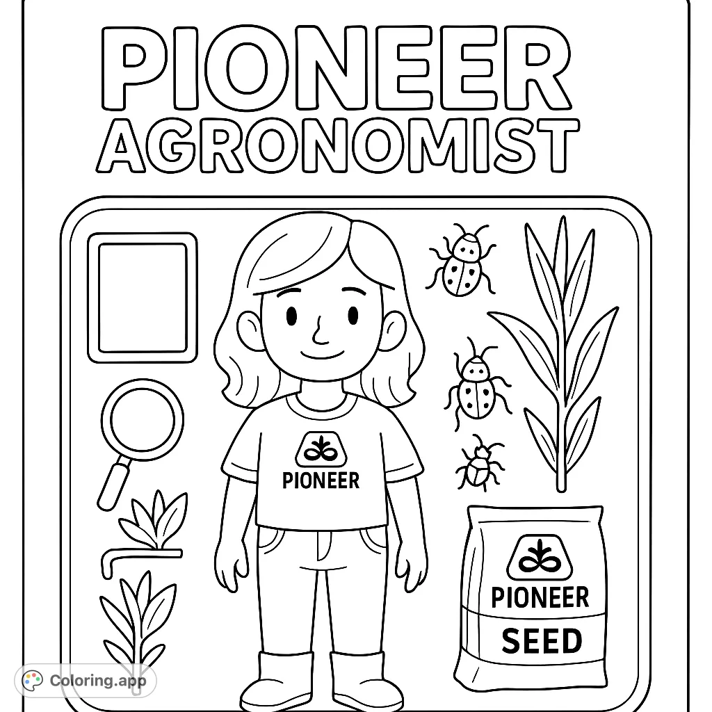 Explore the world of agriculture with this charming agronomist coloring page, featuring a friendly scientist, plants, insects, and farming tools.