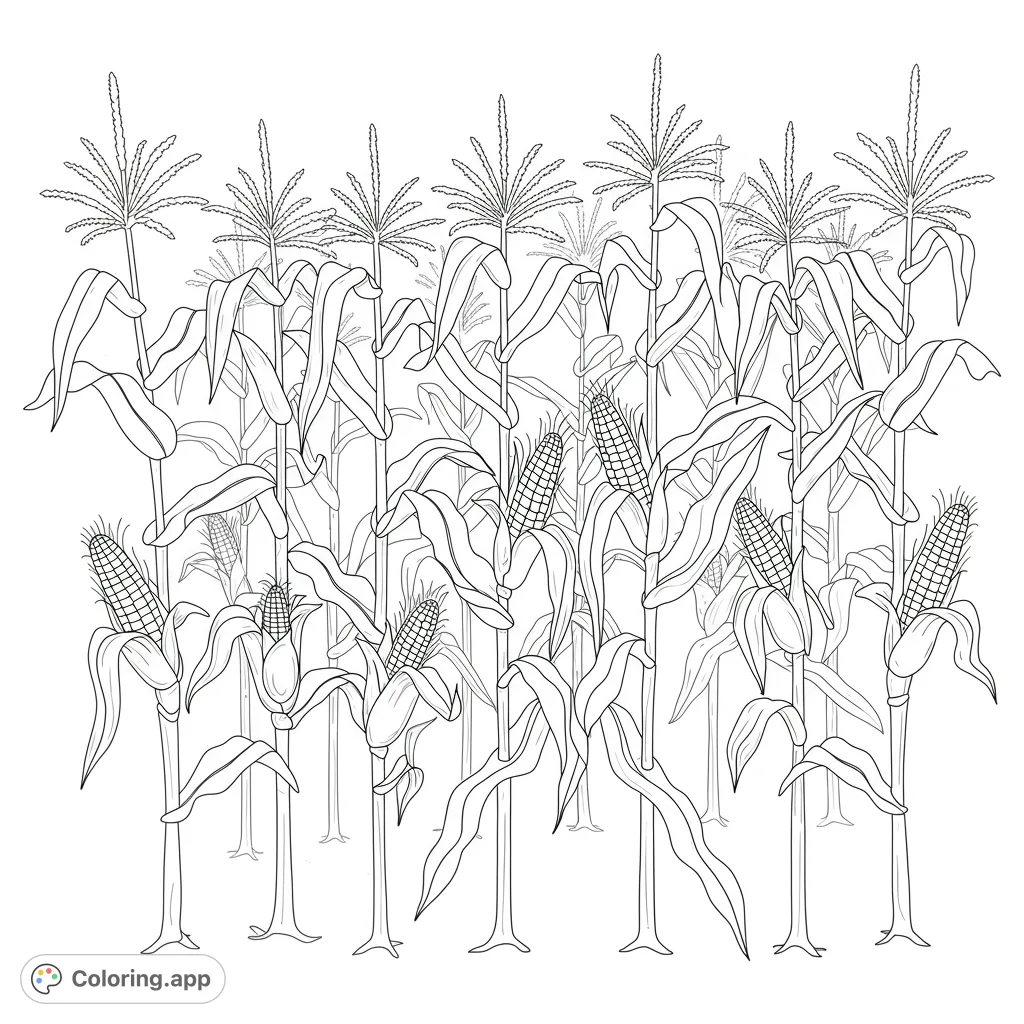 A bountiful cornfield coloring page featuring tall stalks, broad leaves, and ripe ears of corn, perfect for a free printable coloring page.