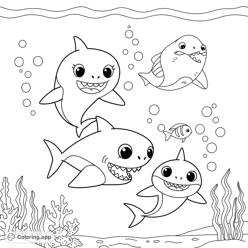 Dive into fun with this adorable baby shark coloring page! Features four happy sharks, a friendly fish, and bubbly underwater scenery. Perfect for ocean lovers!
