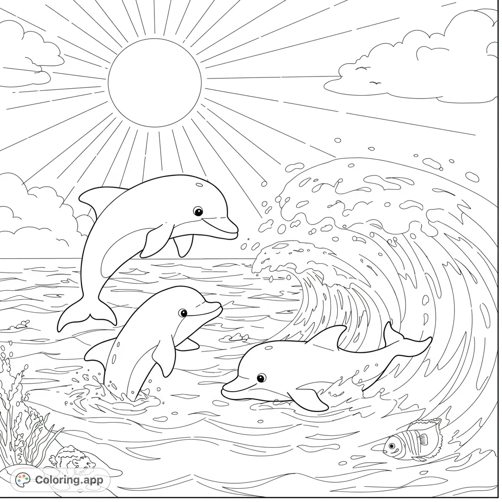 Three cheerful dolphins leap and swim in a sunny ocean with big waves, perfect for a fun marine life coloring page for kids and adults.