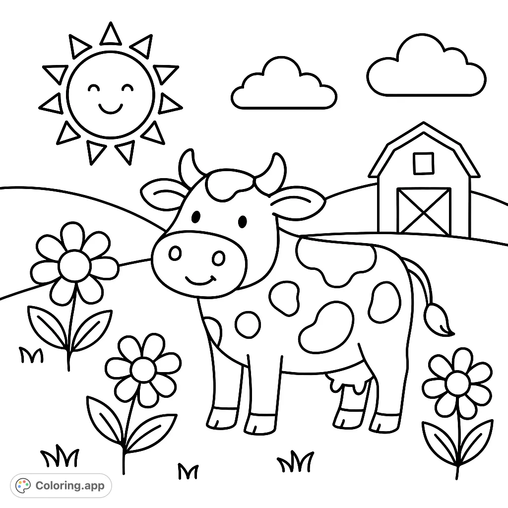 A cheerful cow stands in a sunny farm field with flowers, a barn, and smiling sun. A delightful free printable farm animal coloring page.