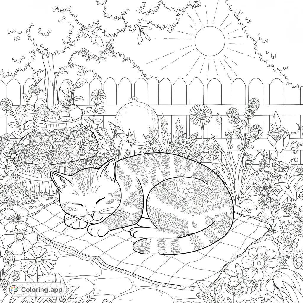 A peaceful cat sleeps on a mat in a detailed garden, surrounded by intricate flowers, a fruit basket, and a sunny fence. Perfect for mindful coloring.