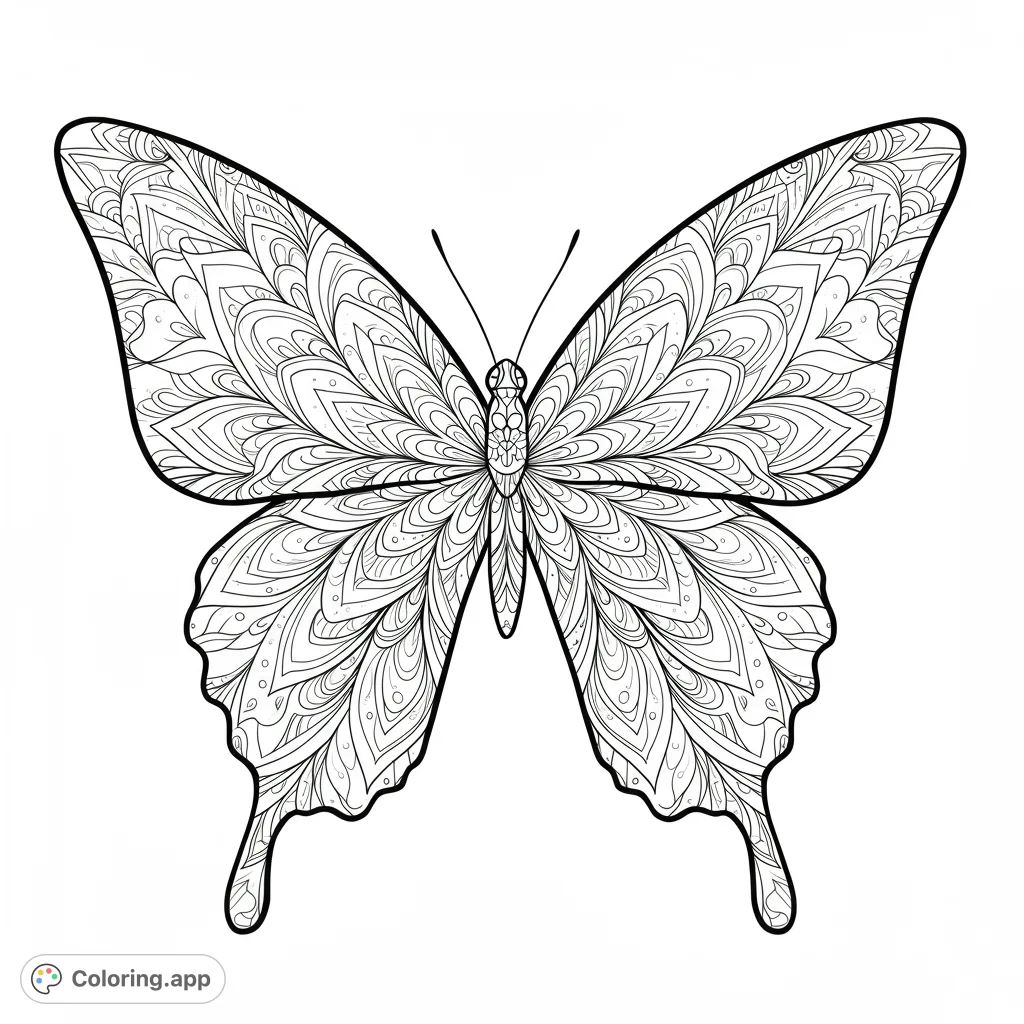 An intricate butterfly coloring page featuring detailed, symmetrical patterns on its wings, perfect for mindful coloring and creative expression.