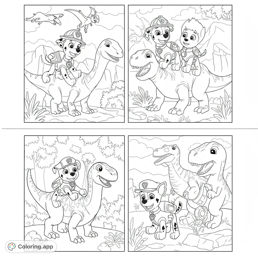 Join Marshall and Ryder on a thrilling dinosaur adventure! Explore prehistoric landscapes with friendly dinosaurs in this free printable coloring page.