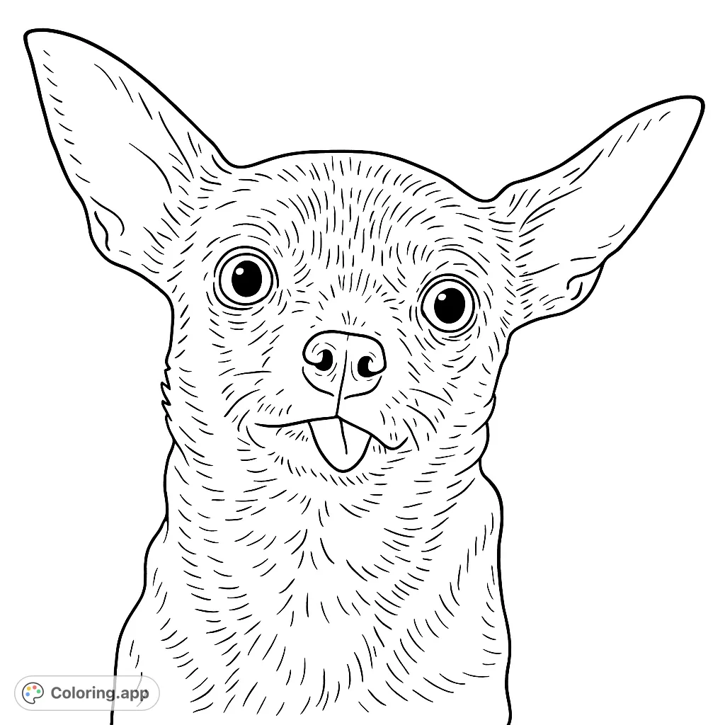 A charming chihuahua with big ears and a tiny tongue peeking out, ready for vibrant colors. A delightful free printable dog coloring page for all ages.