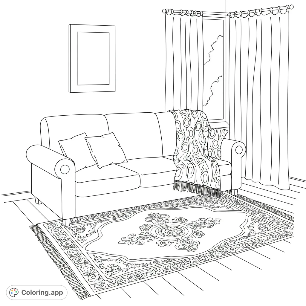 A charming cozy living room coloring page featuring a comfortable sofa, patterned rug, and window with curtains. Perfect for relaxation and home decor inspiration.