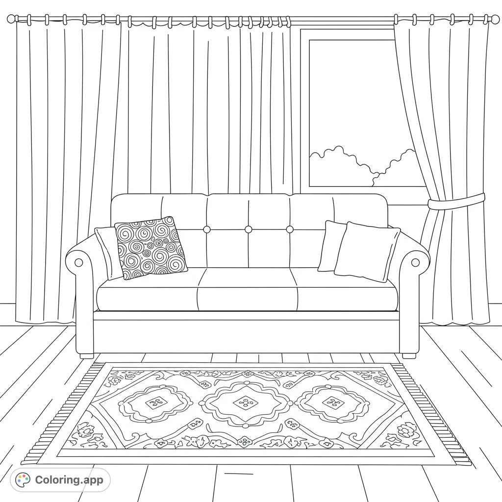 A detailed living room coloring page featuring a sofa, patterned rug, and window with curtains. Perfect for relaxation and creativity.