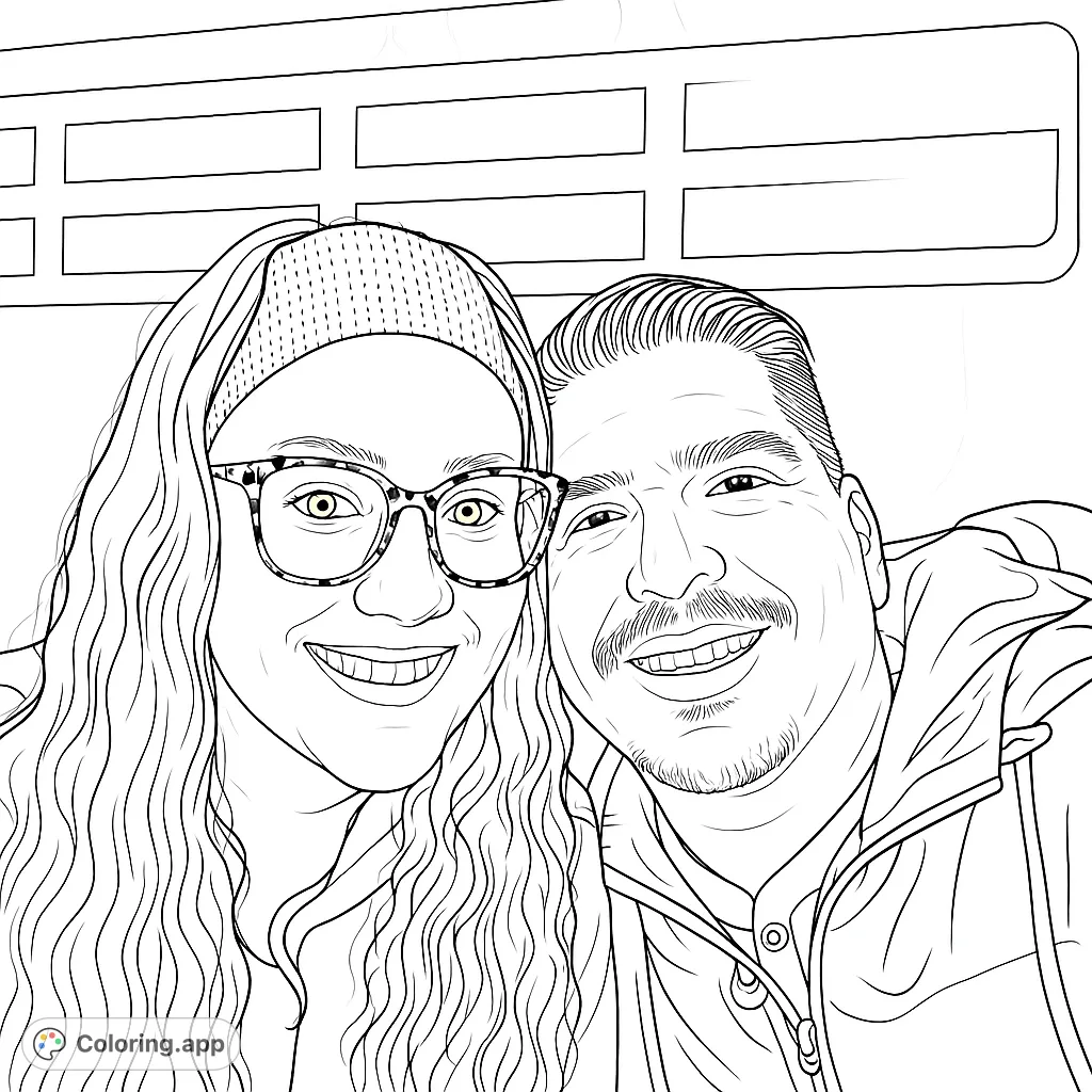 A heartwarming portrait of a smiling couple, perfect for a personalized coloring experience. Features intricate details on hair, glasses, and clothing for a rewarding challenge.